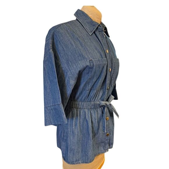 Zara Women’s Denim Shirt Elasticized Tie Waist Peplum Sz. S 3/4 Sleeves - Picture 3 of 8